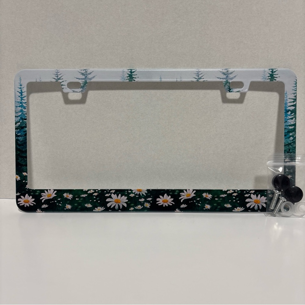 Retro Watercolor Daisies License Plate Frame Misty Flowers and Trees